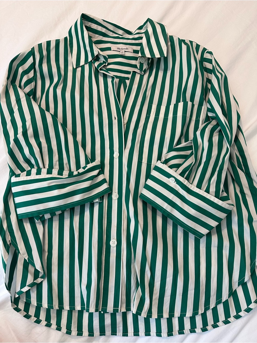 Madewell Green and White Vertical Stripe Button-Up Shirt - Picture 1 of 3
